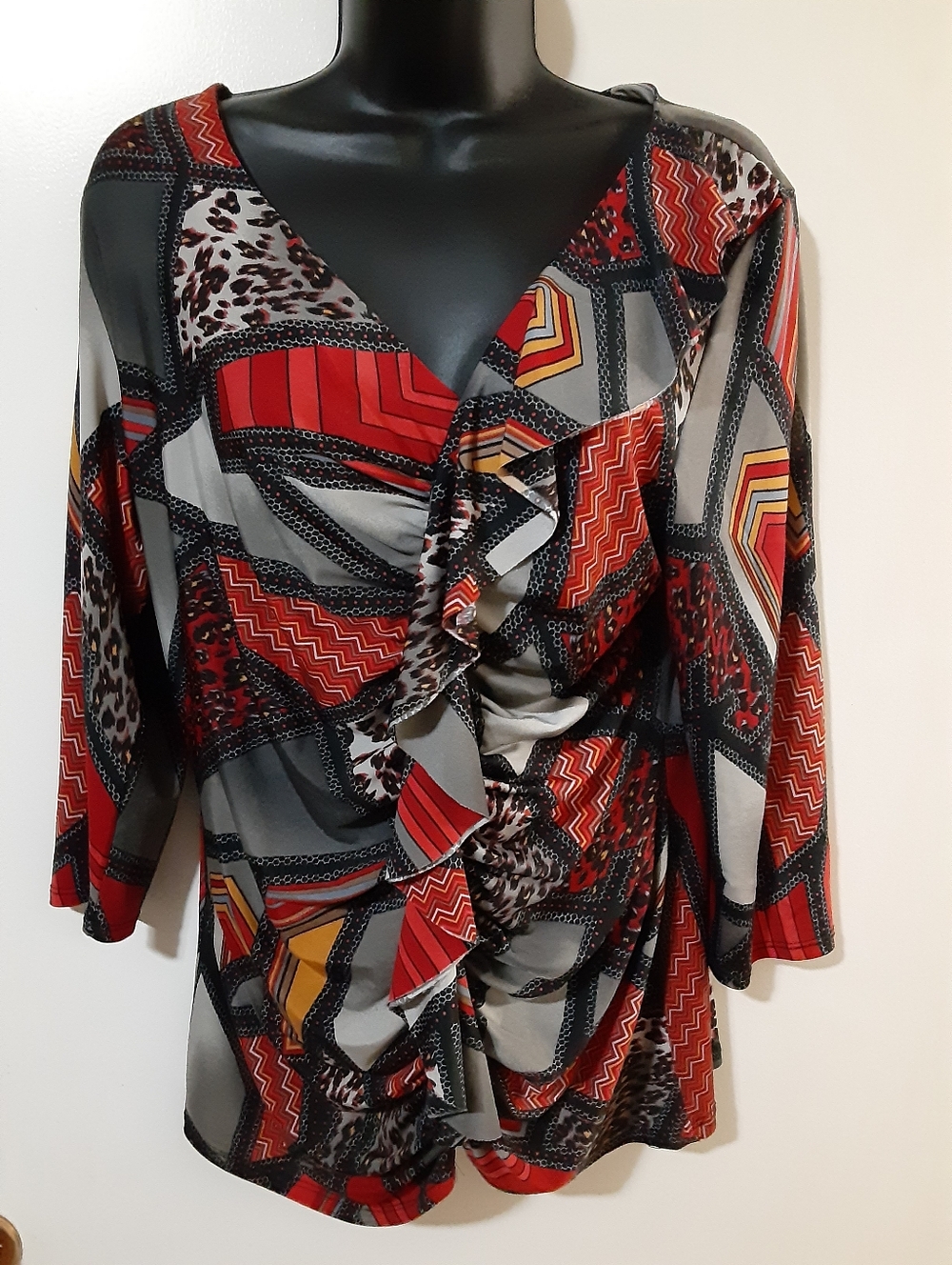 Michael Tyler Abstract Print Draped Top V-Neck 3/4 Sleeve Small